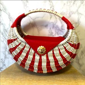 Vintage Red & White Wicker Bag with Clasp Fastener